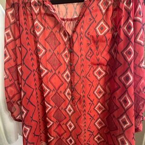 Tasha Polizzi Shear Red Bandanna Blouse Size M with turquoise accents